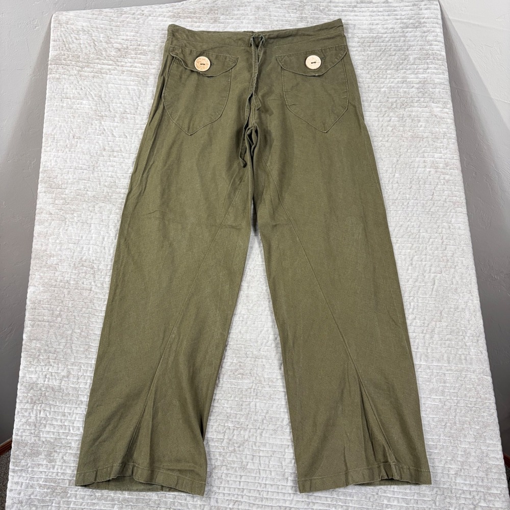 Intertwined Designs Olive Green Hemp Tencel Wide Leg Pants Wood Buttons Size M